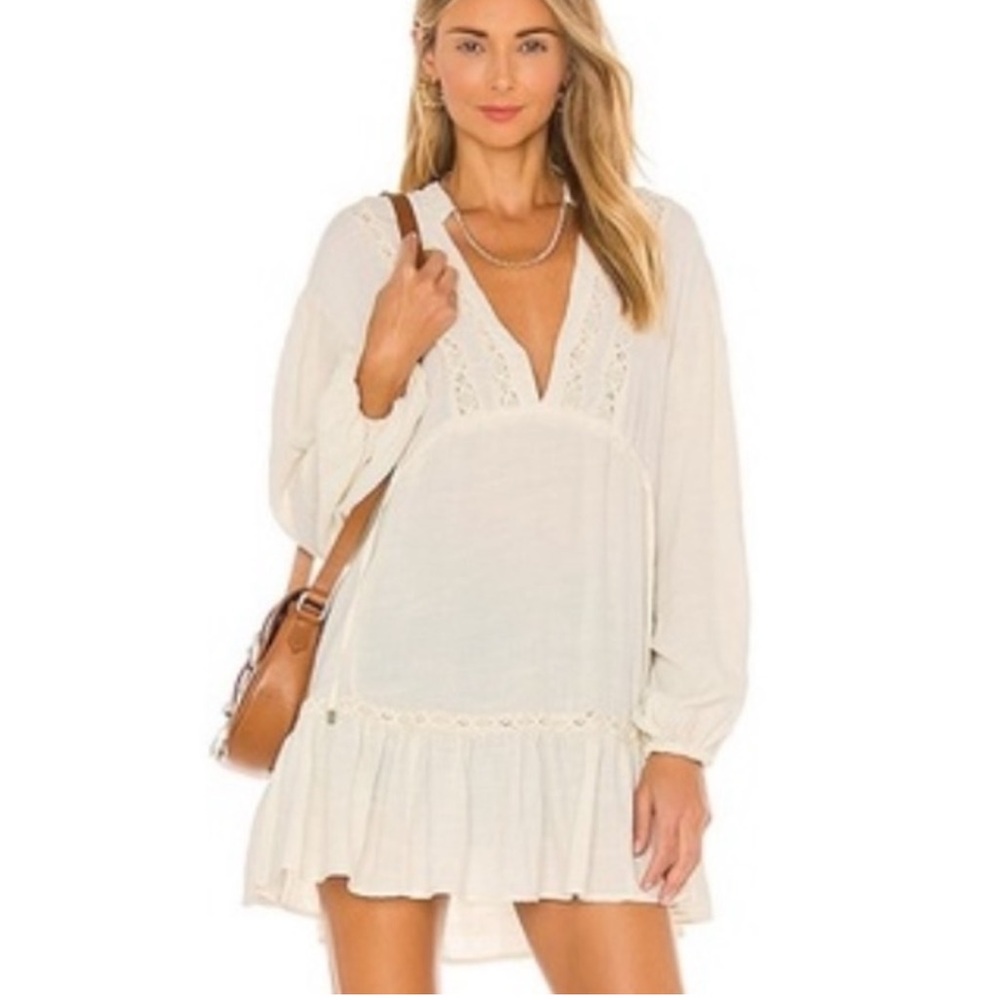 Free People Rugged Beauty Lace Panel Swing Dress Boho Mini in Ecru Wash M